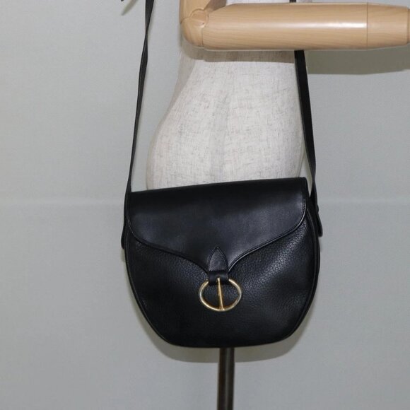 Christian Dior Shoulder Bag Leather Black Gold Auth